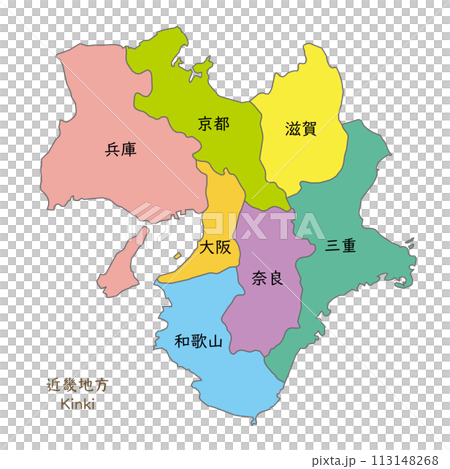 近畿地方の各県の地図、アイコン、日本語の県名入り 近畿地方の各県の地図、アイコン、日本語の県名入り 113148268