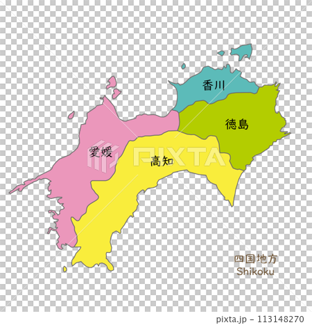 四国地方の各県の地図、アイコン、日本語の県名入り 113148270
