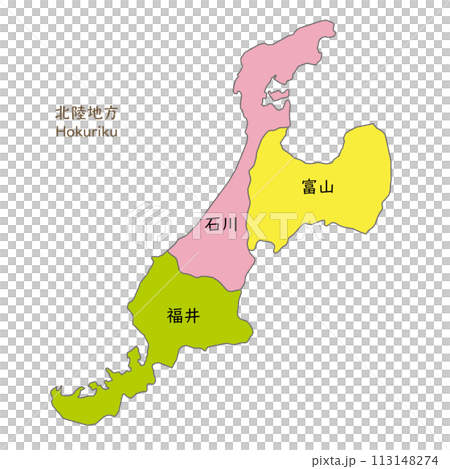 北陸地區各縣的地圖、圖標和日本縣名 113148274