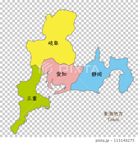 東海地區各縣的地圖、圖標和日本縣名 113148275