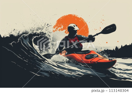 Drawn style. Illustration. Silhouette of athlete guy in protective jacket at kayak sails on wild mountain river. Drawn style. Illustration. Silhouette of athlete guy in protective jacket at kayak sails on wild mountain river. 113148304