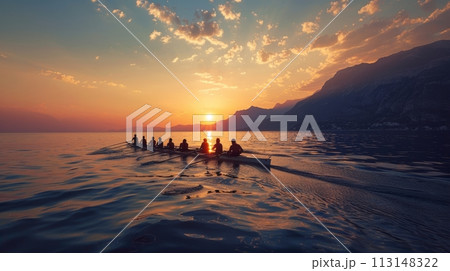 Groups of active people, men and women, canoeing, kayaking on river with skilled instructor on see surrounded mountains. 113148322