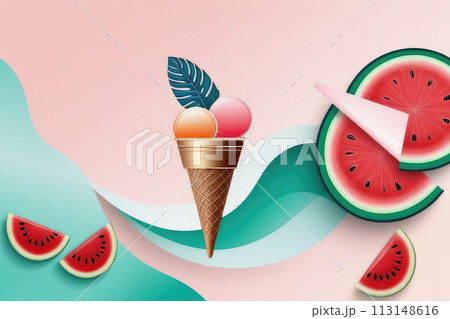 Template for summer poster, banner or postcard with watermelon, monstera leaves and red popsicle on a botanical background. Template for summer poster, banner or postcard with watermelon, monstera leaves and red popsicle on a botanical background. 113148616