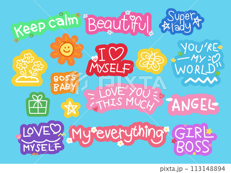 Badge designs for font, typography, cute patches, plush toy, sign, symbol, print, social media post, banner, template, sticker, tattoo, logo, happy icon, decorations, text, quote, women empowerment 113148894