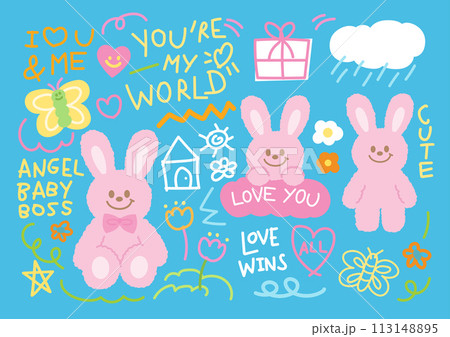 Hand drawn happy summer elements of Bunny, butterfly, flowers, rainy day for easter sticker, decoration, social media post, icon, logo, cartoon character, plush toy, font, typography, print, text 113148895