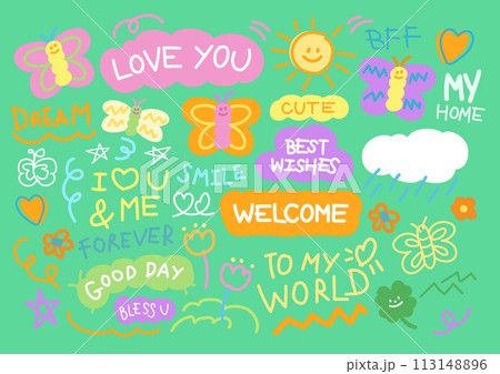Cute summer elements including hand writing fonts, typography, text, letters, butterfly, sun, cloud and flowers for sticker, decoration, print, Valentine's Day, tattoo, icon, logo, picnic, spring Cute summer elements including hand writing fonts, typography, text, letters, butterfly, sun, cloud and flowers for sticker, decoration, print, Valentine's Day, tattoo, icon, logo, picnic, spring 113148896