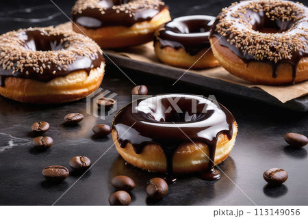 Frosted chocolate glazed donuts on a dark brown marble table. Frosted chocolate glazed donuts on a dark brown marble table. 113149056
