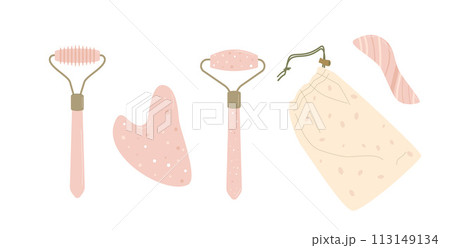 Gua sha beauty procedure with jade stone set. rollers and stone scrapping plate. Facial massage elements. Skincare spa rose quartz. Vector illustration isolated on white background. Gua sha beauty procedure with jade stone set. rollers and stone scrapping plate. Facial massage elements. Skincare spa rose quartz. Vector illustration isolated on white background. 113149134