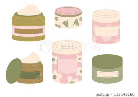 Face and body cream jars set isolated on white background. Beauty home procedure product. Moisturizing serum. Vector illustration. 113149160