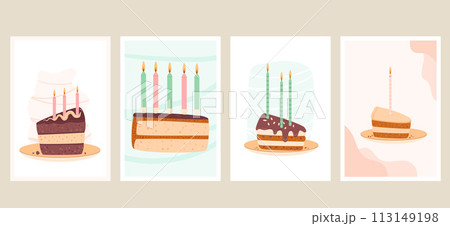 Birthday greeting cards set with cake slice. Sweet bakery holiday vertical posters. Pastry dessert with cream and candles festive flyer. Vector pie hand drawn illustration background. Birthday greeting cards set with cake slice. Sweet bakery holiday vertical posters. Pastry dessert with cream and candles festive flyer. Vector pie hand drawn illustration background. 113149198
