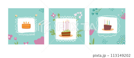 Happy Birthday greeting card with cake slice and flowers set. Sweet bakery holiday square posters for social media. Pastry dessert with candles festive flyers. Vector hand drawn illustration. 113149202