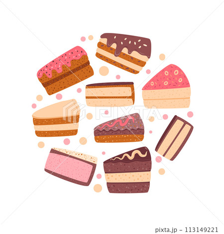 Slice of cakes circle composition. Sweet bakery piece round emblem. Pastry dessert with cream. Vector pie flat illustration isolated on white background Slice of cakes circle composition. Sweet bakery piece round emblem. Pastry dessert with cream. Vector pie flat illustration isolated on white background 113149221