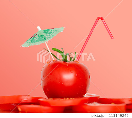 Tropical beach concept made of tomato fruit, straw and sun umbrella. Creative minimal healthy food breakfast. Tropical beach concept made of tomato fruit, straw and sun umbrella. Creative minimal healthy food breakfast. 113149243