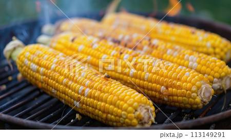Sweet corn on the cob is grilled 113149291