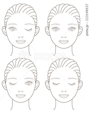 スキンケア・メイクアップ用イラスト(女性表情4種)モノクロ スキンケア・メイクアップ用イラスト(女性表情4種)モノクロ 113149317