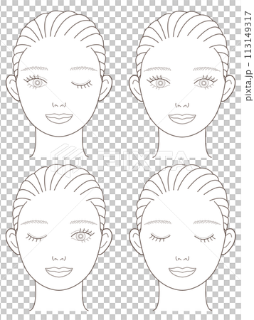 スキンケア・メイクアップ用イラスト(女性表情4種)モノクロ スキンケア・メイクアップ用イラスト(女性表情4種)モノクロ 113149317