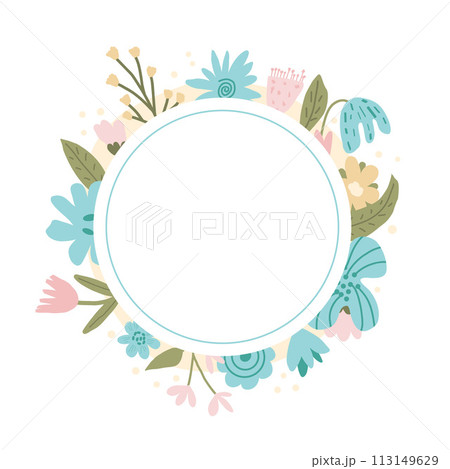 Flowers wreath isolated on white background. Spring flowers frame. Circle border of bouquet. Vector illustration. 113149629
