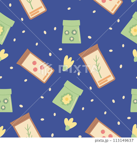 Gardening seeding plant seamless pattern. Spring horticulture items endless background. Planting flowers and vegetables at home loop cover. Vector hand drawn illustration. 113149637