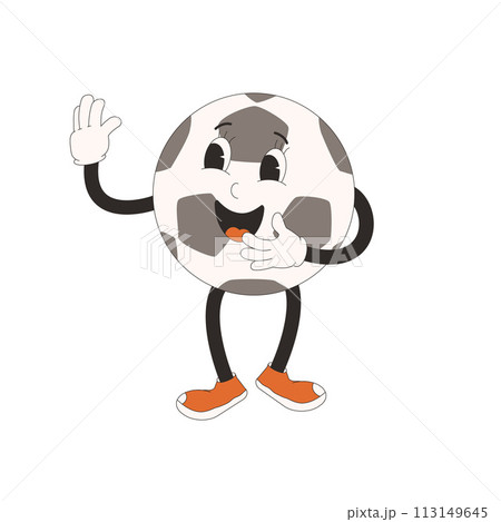 Football ball groovy character waving with hands. Soccer retro mascot. Cartoon sport equipment isolated on white background. Championship game. Vector rubber hose animation style illustration 113149645