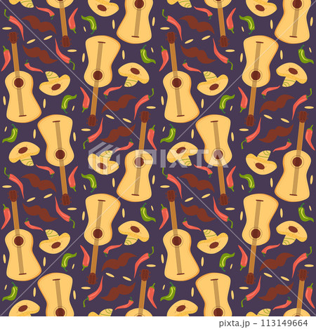 Mexican seamless pattern. Guitar and sombrero repeat background. Hats of mariachi musicians endless cover. Pepper and festive event elements loop ornament. Vector illustration. Mexican seamless pattern. Guitar and sombrero repeat background. Hats of mariachi musicians endless cover. Pepper and festive event elements loop ornament. Vector illustration. 113149664