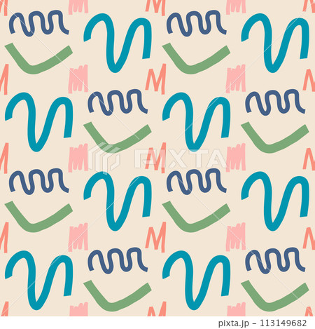 Abstract geometric seamless pattern. Scribble childish elements endless background. Doodle style repeat cover. simple loop ornament. Vector hand drawn illustration. 113149682