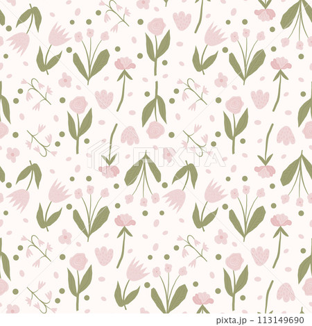 Floral seamless pattern. Flowers elements endless background. Botanic repeat cover. Summer rose and other flowers simple loop ornament. Vector hand drawn illustration. 113149690
