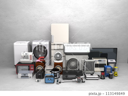 家電 電化製品 電気製品 多数 複数 白壁 部屋 空間 正面(3DCGイメージ 