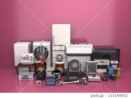 家電　電化製品　電気製品　多数　複数　部屋　空間　正面　背景　赤色(3DCGイメージ) 113149852