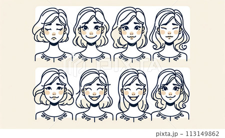 多様な表情を持つ女性のアバターシリーズ 多様な表情を持つ女性のアバターシリーズ 113149862