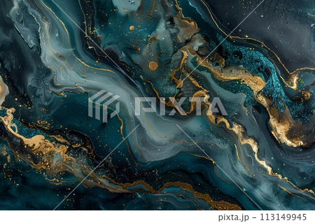 Blue Marble abstract acrylic background. Marbling artwork texture. Agate ripple pattern. Gold powder. 113149945