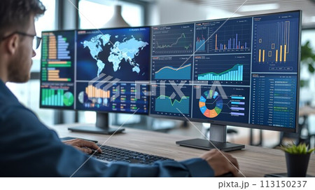 Analyst studying multiple data screens at work 113150237