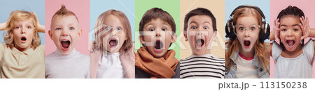 Collage made of emotional children, boils and girls expressing emotions of shock, joy and fun against multicolored background. Collage made of emotional children, boils and girls expressing emotions of shock, joy and fun against multicolored background. 113150238
