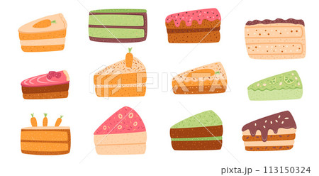 Cakes set. Sweet bakery piece. Pastry dessert slices with cream. Vector pie flat illustration isolated on white background Cakes set. Sweet bakery piece. Pastry dessert slices with cream. Vector pie flat illustration isolated on white background 113150324