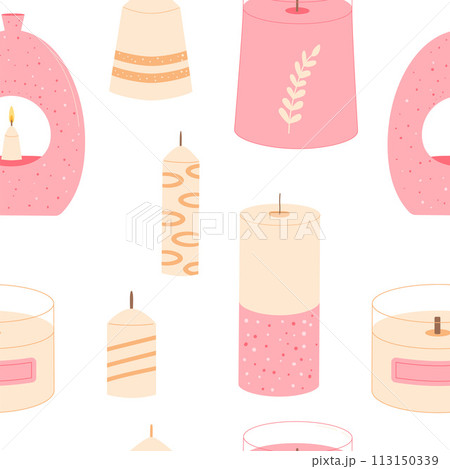 Scented wax candles seamless pattern. Aroma spa soy accessories endless background. Home decor interior items repeat cover. Vector cartoon flat illustration 113150339