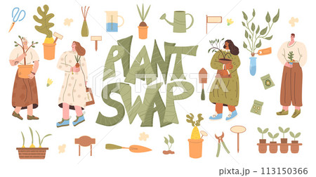 Plant swap set. People exchange houseplant, seeds, tree sampling and gardening together isolated on white background. Ecology lifestyle party. Event of potted flowers market. Vector illustration. Plant swap set. People exchange houseplant, seeds, tree sampling and gardening together isolated on white background. Ecology lifestyle party. Event of potted flowers market. Vector illustration. 113150366