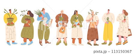 People with plants and gardening sampling isolated on white background. Horticulture gardener hobby characters set. Flowers and garden market and store. Vector illustration. 113150367