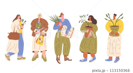 People with plants and gardening sampling isolated on white background. Horticulture gardener hobby characters set. Flowers and garden market and store. Vector illustration. 113150368