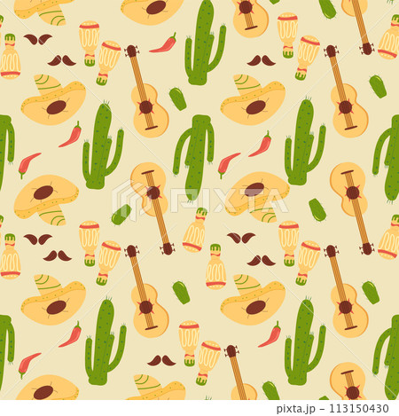 Mexican seamless pattern. Cactus and sombrero repeat background. Hats of mariachi musicians endless cover. guitar and maracas music tools loop ornament. Vector flat illustration. Mexican seamless pattern. Cactus and sombrero repeat background. Hats of mariachi musicians endless cover. guitar and maracas music tools loop ornament. Vector flat illustration. 113150430