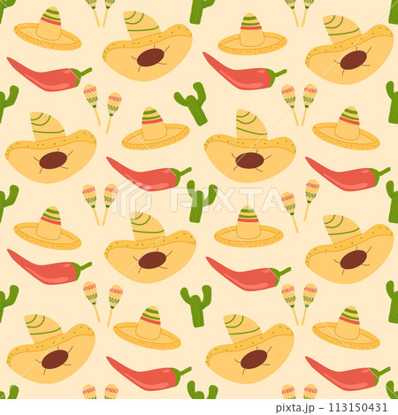 Mexican seamless pattern. Cactus and sombrero repeat background. Hats of mariachi musicians endless cover. Maracas and pepper loop ornament. Vector illustration. Mexican seamless pattern. Cactus and sombrero repeat background. Hats of mariachi musicians endless cover. Maracas and pepper loop ornament. Vector illustration. 113150431