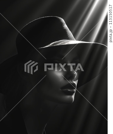 Shadowy figure with hat in spotlight 113150517