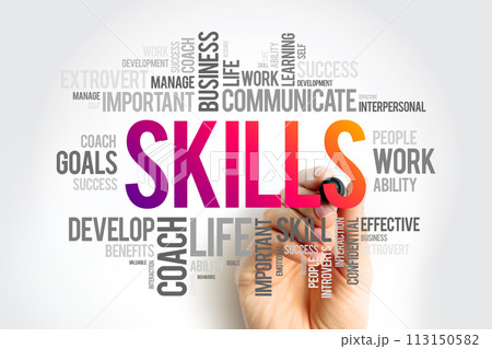 SKILLS - learned ability to act with determined results with good execution often within a given amount of time, word cloud concept background SKILLS - learned ability to act with determined results with good execution often within a given amount of time, word cloud concept background 113150582