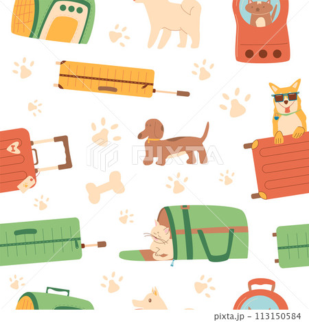 Travel pets seamless pattern. Cat and dog carrier and suitcase repeat cover. Domestic animal transportation box endless background. Hand bag for puppy and kitten. Vector illustration 113150584