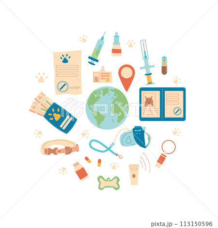 Travel with pets round composition. Dog and cat tourism veterinarian accessories set elements circle shape isolated. Trip for adventure and rest with domestic animals. Vector flat illustration 113150596