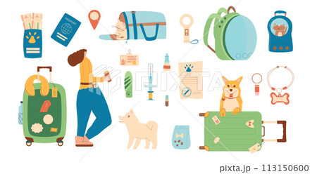 Travel with pets set. Woman with her cats and dogs and supplies and accessories for domestic animals isolated on white background. Vector pets carrier, luggage passport with tickets and id tag Travel with pets set. Woman with her cats and dogs and supplies and accessories for domestic animals isolated on white background. Vector pets carrier, luggage passport with tickets and id tag 113150600