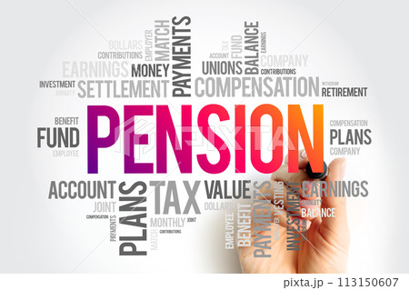 Pension is a fund into which a sum of money is added during an employee's employment years, word cloud concept background 113150607