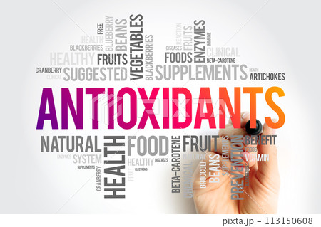 Antioxidants are chemicals that lessen or prevent the effects of free radicals, word cloud concept background Antioxidants are chemicals that lessen or prevent the effects of free radicals, word cloud concept background 113150608