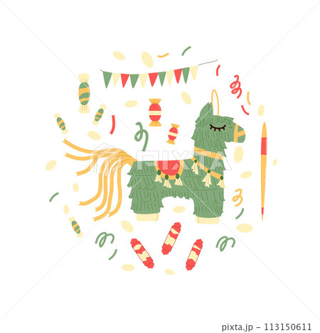 Pinana round isolation on white background. for traditional mexican party. local event elements. Carnival and birthday toy for celebration. Vector illustration Pinana round isolation on white background. for traditional mexican party. local event elements. Carnival and birthday toy for celebration. Vector illustration 113150611