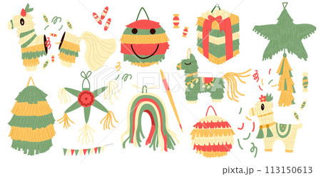 Pinana set for traditional mexican party. Cinco de mayo elements. Carnival and birthday various toy for celebration play. Vector illustration isolated on white background Pinana set for traditional mexican party. Cinco de mayo elements. Carnival and birthday various toy for celebration play. Vector illustration isolated on white background 113150613