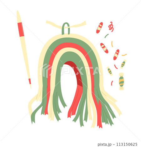 Pinata rainbow isolation on white background. Surprised item for traditional mexican party. local event elements. Carnival and birthday toy for celebration. Vector illustration Pinata rainbow isolation on white background. Surprised item for traditional mexican party. local event elements. Carnival and birthday toy for celebration. Vector illustration 113150625