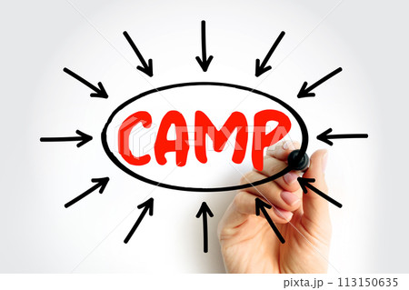 CAMP Cyclic Adenosine MonoPhosphate - second messenger important in many biological processes, acronym text with arrows 113150635